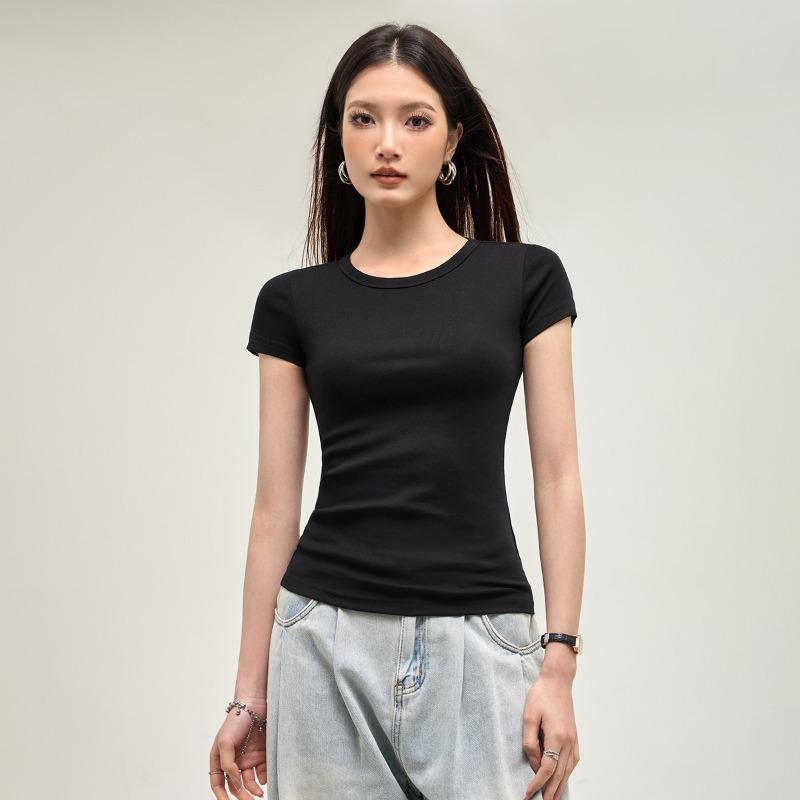 Front Shoulder Short-sleeved Shirt Women's Spring and Summer New Solid Color Versatile Simple Round Neck Slim-fitting Inner Top