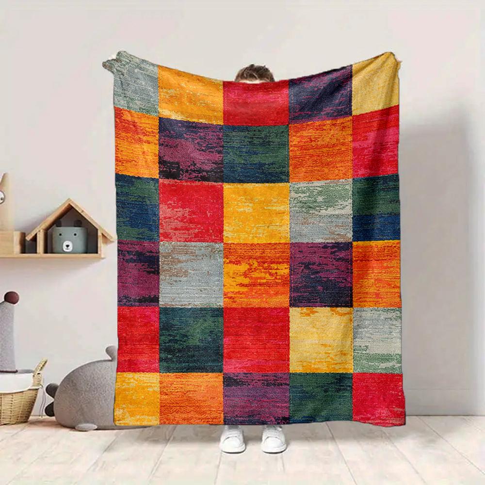 1Pc Abstract Colorful Squares Rug Blanket Soft And Comfortable Casual Warm Camping Travel Christmas Halloween Xmas Gift M928269