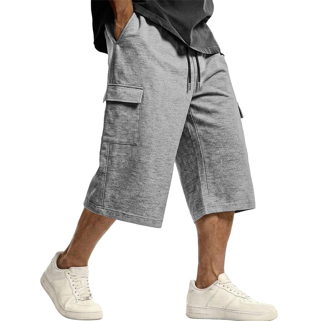 Men's Casual Drawstring Cargo Shorts Knee Length Loose Fit Lightweight Breathable Fabric with Multiple Pockets for Everyday Wear