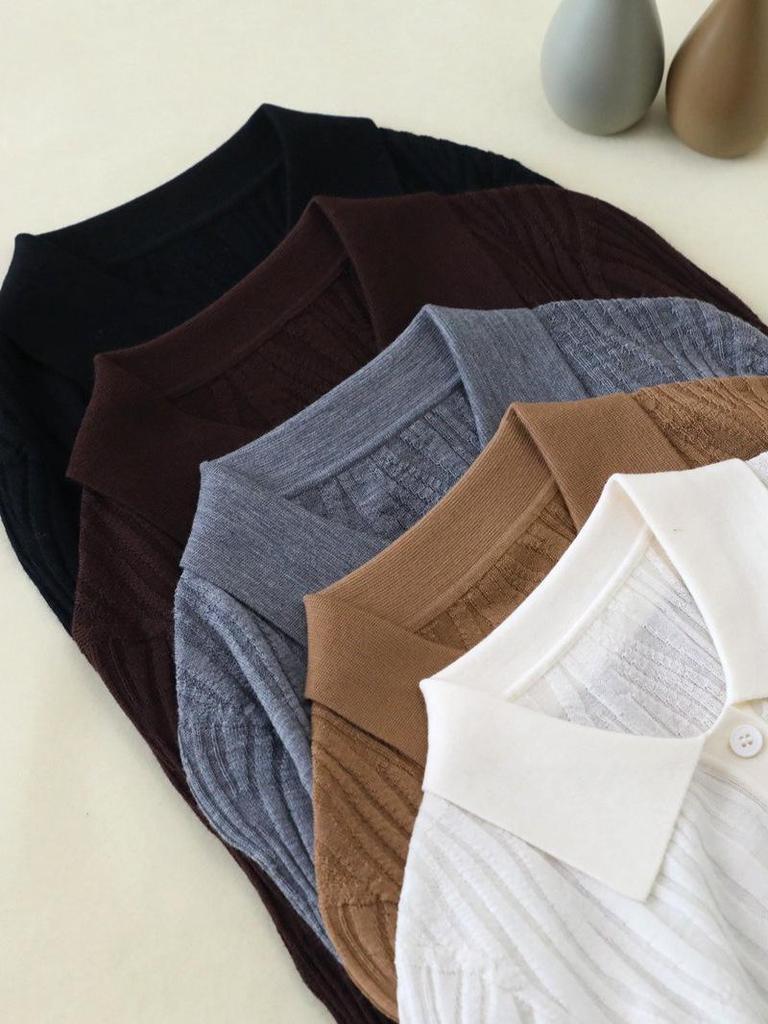 Women's 100% Wool Polo Collar Sweater with Gauze Wave Pattern - Spring/Autumn Pullover Base Layer