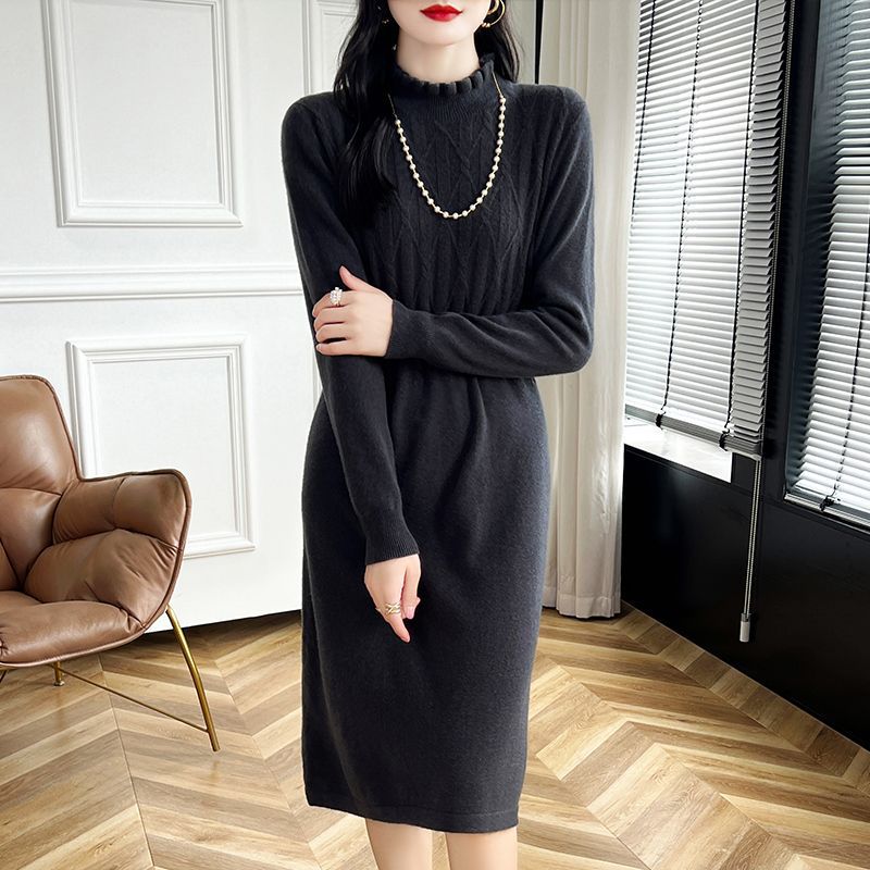 Large-sized Half Turtleneck Mid-length Sweater Dress for Women Solid Color Casual Knitted Dress with Loose Knitted Sweater for Autumn and Winter