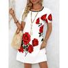 Ladies' Summer Short Sleeve Round Neck Casual Dress 3D Red Rose Pattern Print Comfortable Elegant Women's Clothing