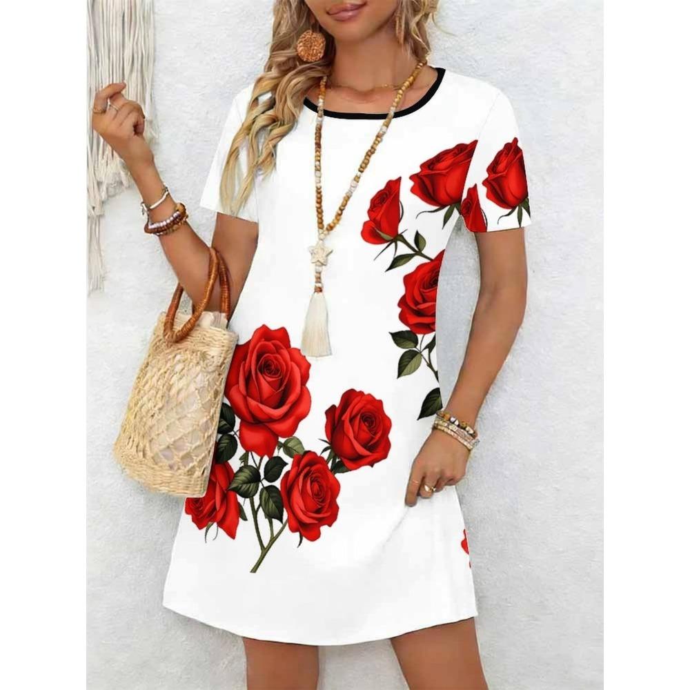 Ladies' Summer Short Sleeve Round Neck Casual Dress 3D Red Rose Pattern Print Comfortable Elegant Women's Clothing