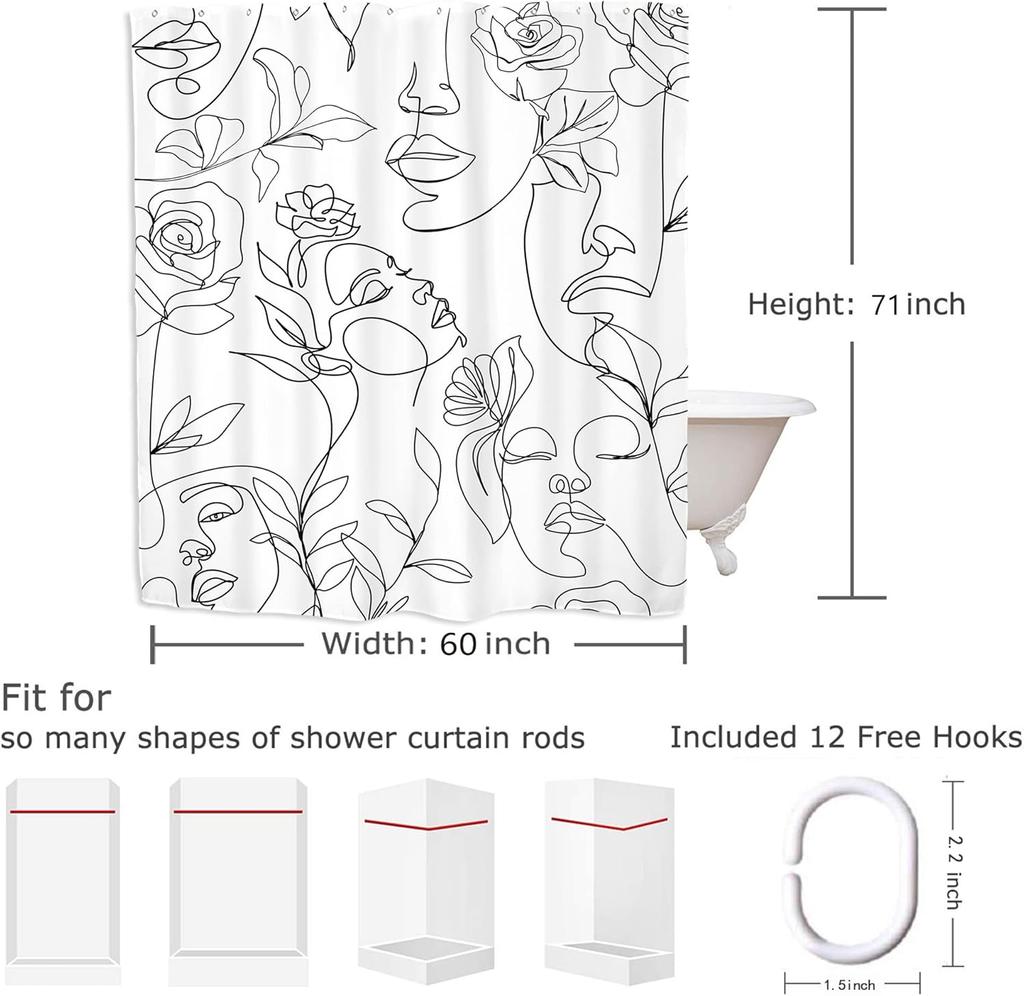 Abstract Women Face Bathroom Shower Curtain Minimalist Modern Line Art Black White Rose Contemporary Polyester Fabric Hooks