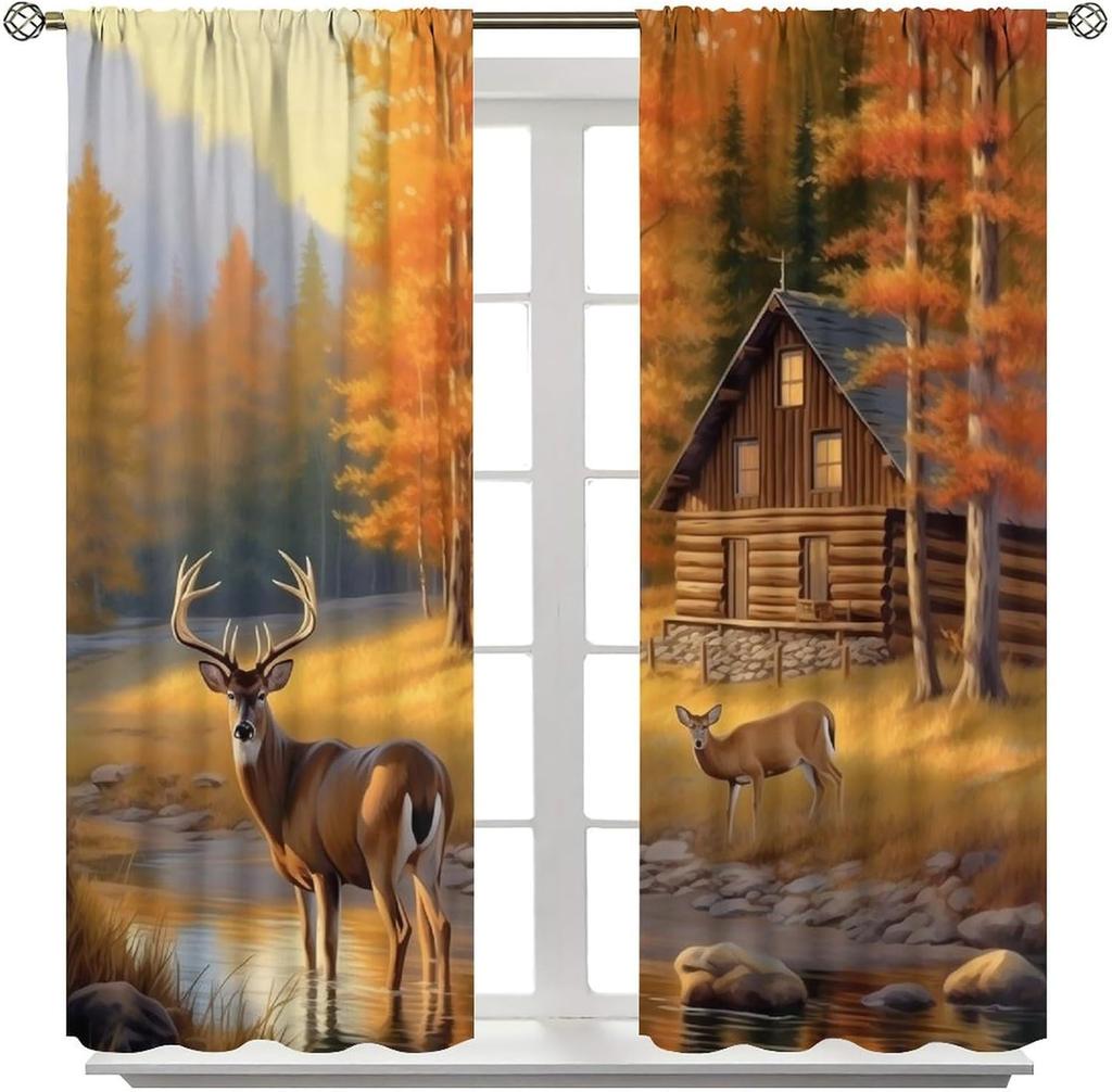 Farmhouse Deer Curtains Bedroom Vintage Rustic Fall Hunting River Cabin Elk Wildlife Window Drape Boys Girls Living Room Curtain For Sitting Polyester