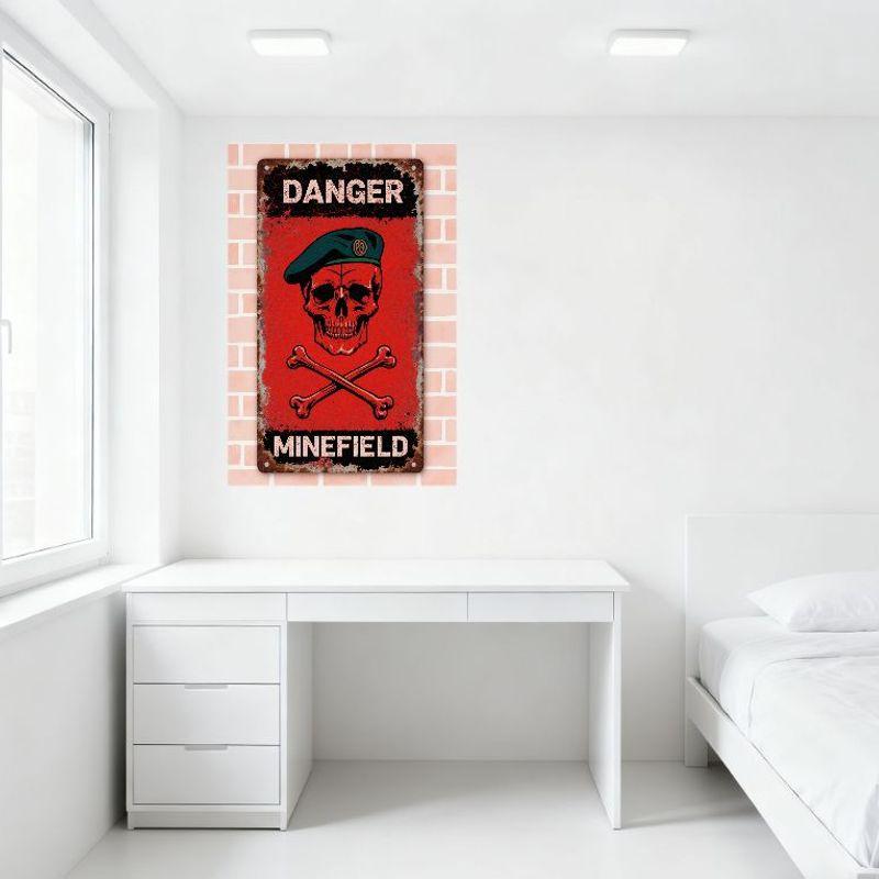 Vintage Military Minefield Warning Metal Tin Sign with Skull & Crossbones, Distressed Rusty Edge Red Black Background, Retro Wal