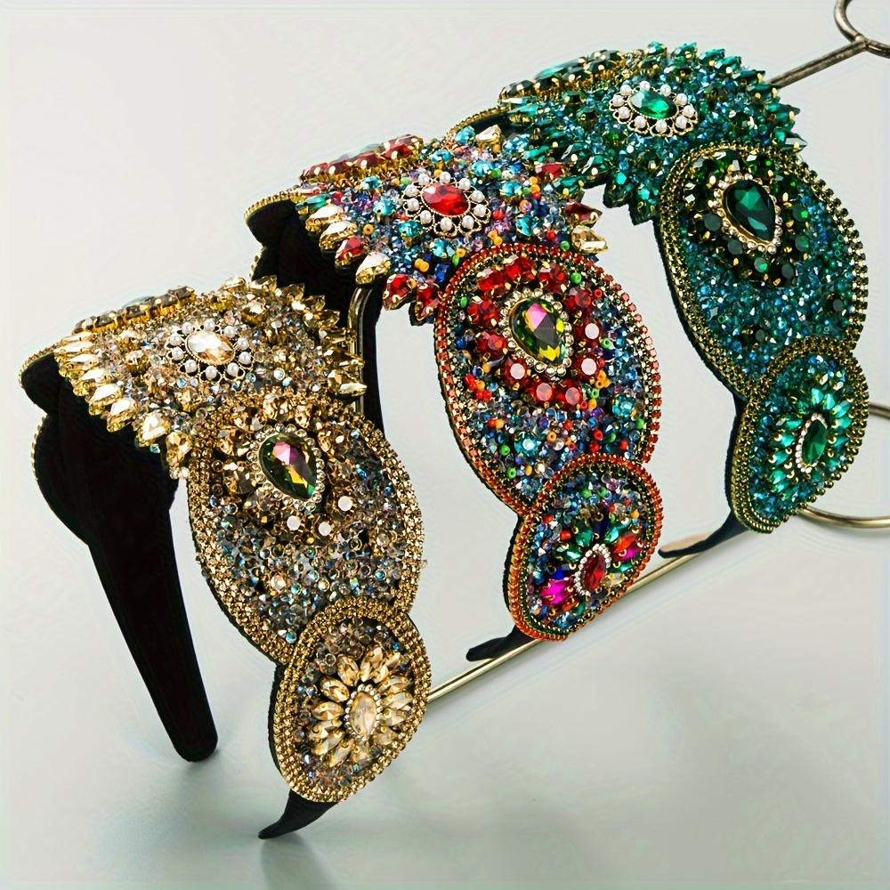 

1pc Retro Wide Brimmed Headband Colored Rhinestone and Flower Decor Hair Band Banquet Wedding Party Hair Accessories 1pc зелений