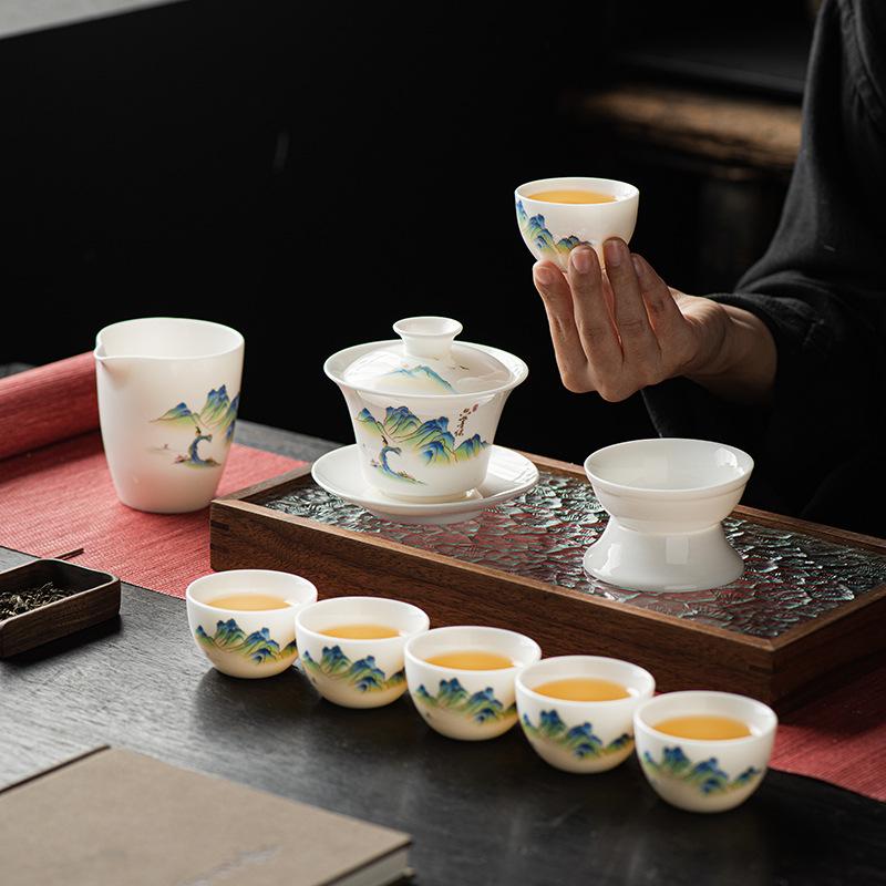 Chinese high-end Dehua suet jade white porcelain tea set Kung Fu teacup office guest cover bowl set