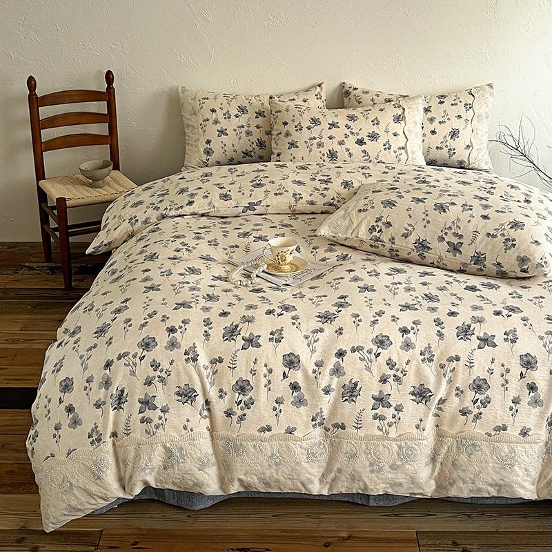 4PCS Vintage Style Bedding Set Princess Lace Duvet Cover 200x230cm Flat Sheet Set Twin Double Size Bed Set For Bedroom Decor