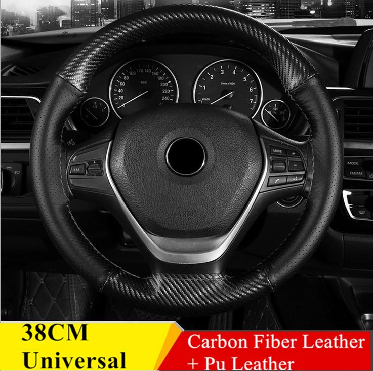 New 38CM Deluxe Black Carbon Fiber & Leather Car Steering Wheel Cover Trim Universal