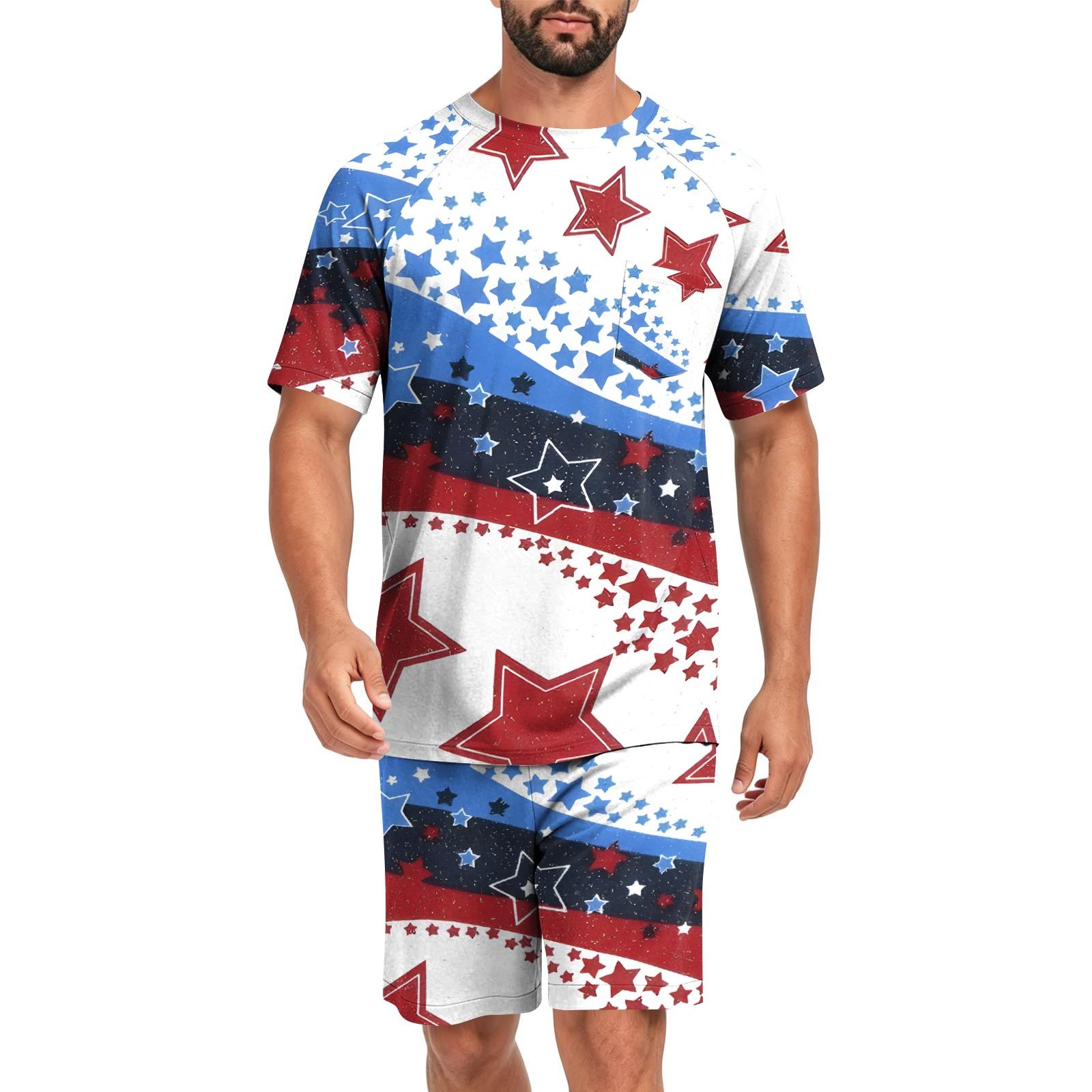 

Men s Short Sleeve Sleepwear Set American Flag Print Lightweight Comfortable Soft Fabric Lounge Pajama Set with Pockets XL білий