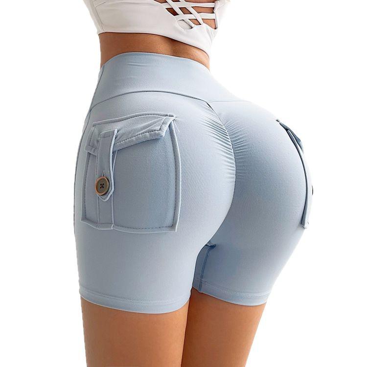 Cross-Border Fitness Yoga Shorts with Pockets - Button Workwear Running Pilates Peach Butt Hot Pants