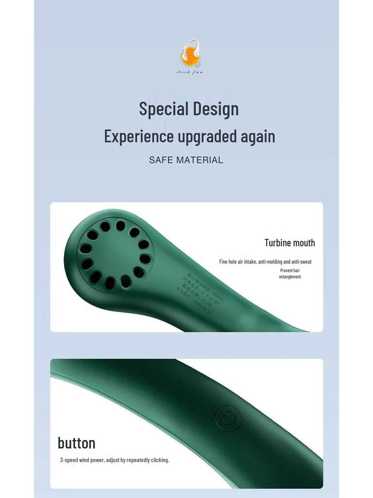 Rechargeable Bladeless Neck-Hanging Portable Mini Fan - Available in Green, White, and Pink.