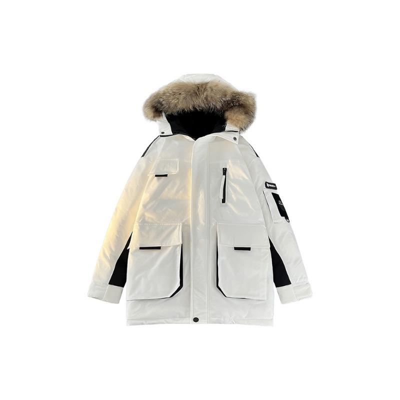 Fashionable autumn and winter warm style overcoming simple big fur collar loose cold-proof mid-length white duck down jacket for men and women