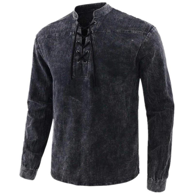 Herren Casual Leinen Langarmhemd Slim Fit Stehkragen Hemd Männer
