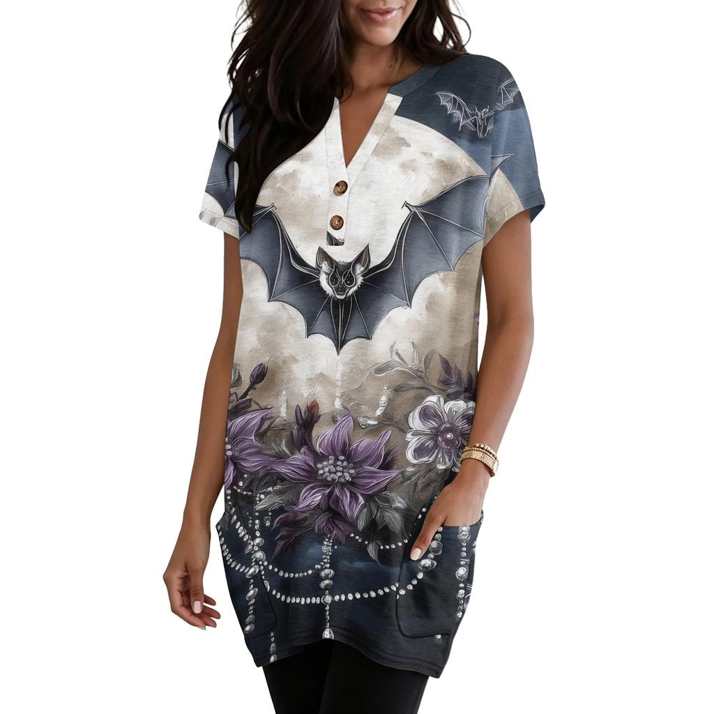 Women V Neck Halloween Print Short Sleeve Pullover Dress with Pocket Casual Loose Fit Tunic Dress for Daily Wear