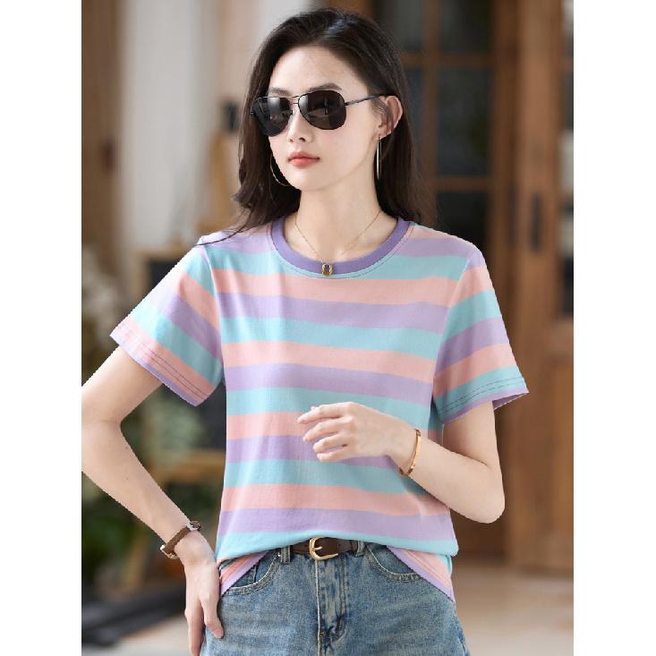 Tricou Casual de Vară cu Dungi Albastre pentru Femei, Mânecă Scurtă, Gât Rotund, Simplitate, Modă, Mărimi Mari, Animat Digital