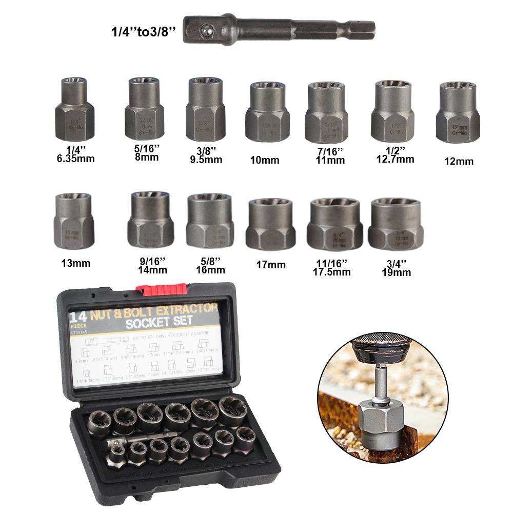 Waterproof Hand Tools Damaged Screw Extractor Cr-Mo Steel Bolt Nut Remover Socket Set With Drive Hex Socket Adapter Car Tool Kit 14pcs 6.35mm-19mm
