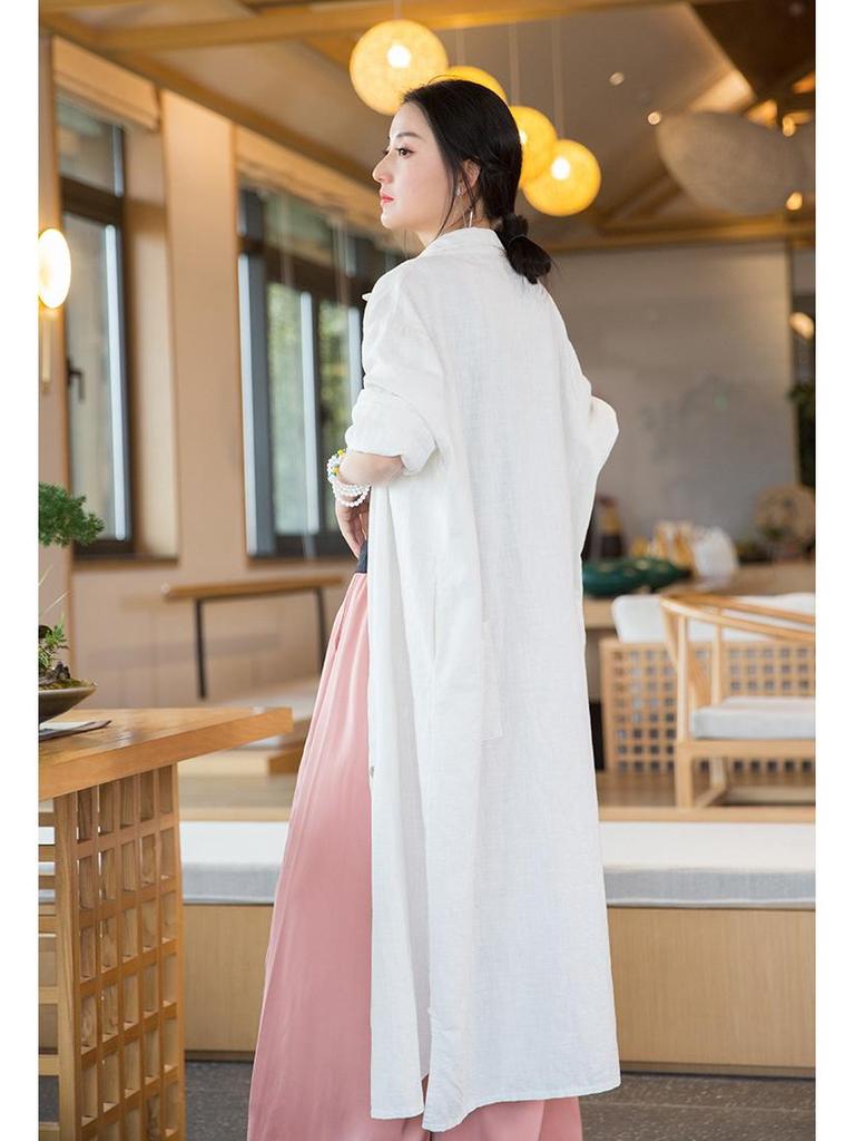 Women's Distressed Ramie Trench Coat: Casual, Slimming, and Elegant Long Cardigan