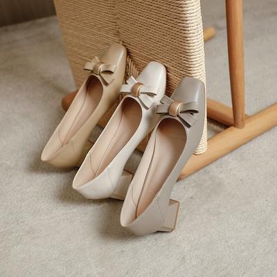 New Square Head Medium Heel Single Shoes Women's Thick Heel High Heels Temperament Soft Leather Fashion Bow Women's Shoes