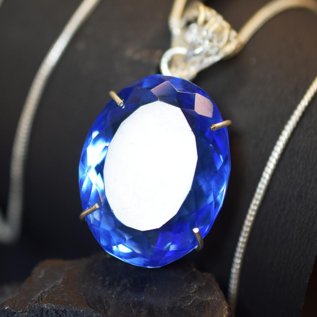 NATURAL Blue Topaz Pendant Oval 126.45 Ct Gems 925 Sterling Silver CERTIFIED My-402-k