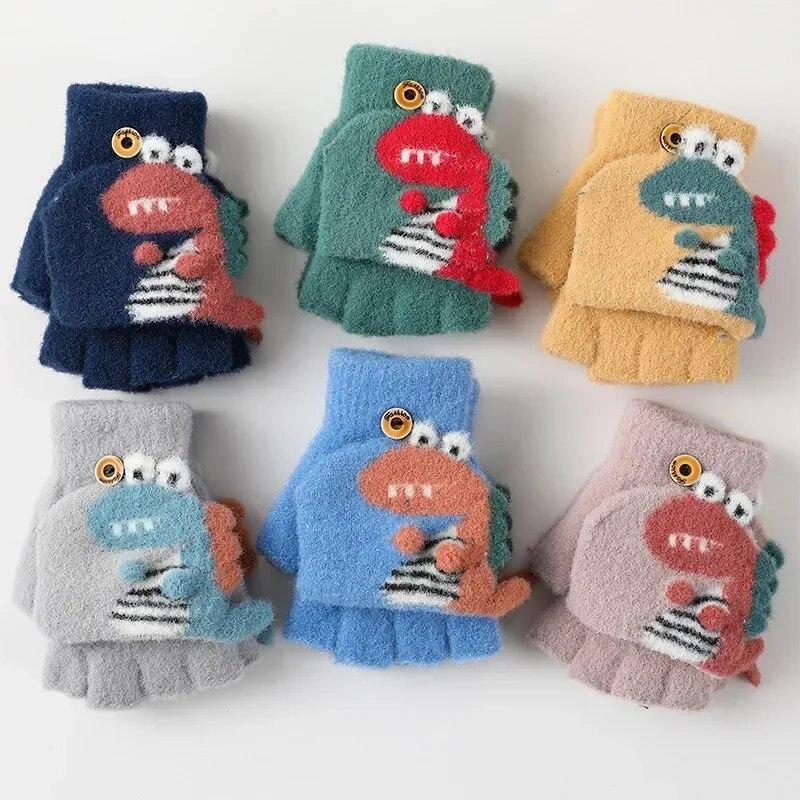 Kawaii Cartoon Dino Kids Gloves Half Finger Flip Gloves for Boys Girls Children Winter Warmth Writing Gloves 3-6T