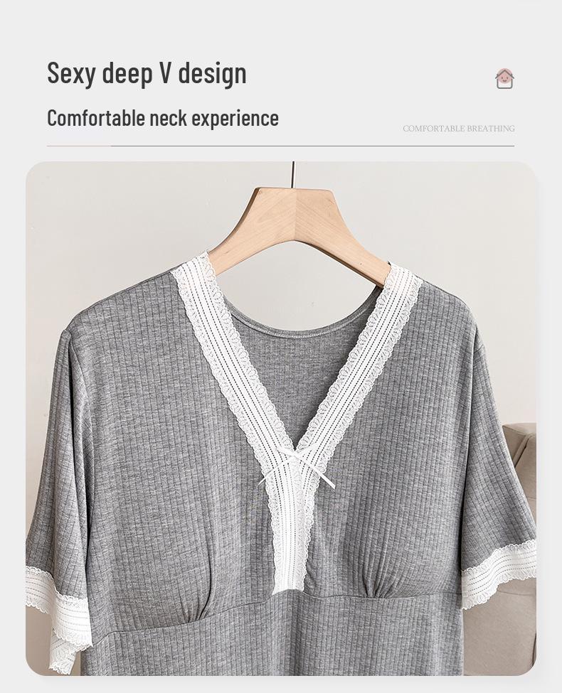 Women's Summer Pajama Set - Three-Piece Short-Sleeve Top, Long & Short Pants with Chest Pads, Lace Design, Wear Indoors or Out.