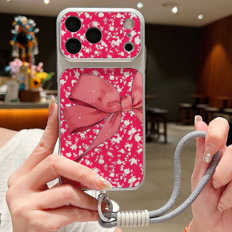 Cute Cartoon Bowknots Print Leather Lanyard Case For iPhone 18 Pro Max 17 16 15 14 13 Pro Max Luxury Hybrid TPU+PU Anti-skid Soft Phone Cover