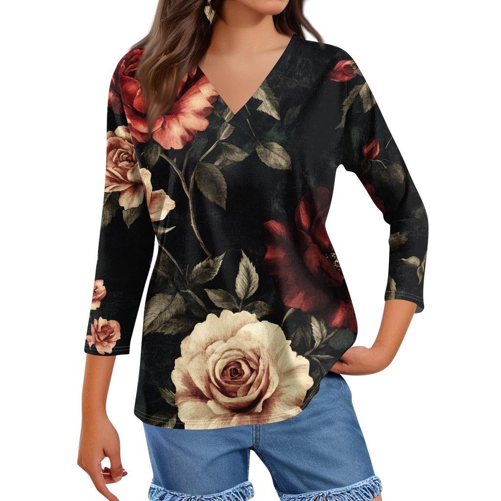 Women's Tops Three-quarter Sleeve Shirt V-neck Loose Casual Shirt Floral Print T-shirt