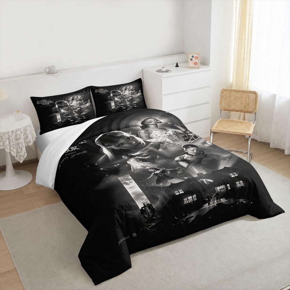 Ariana Grande Eternal Sunshine Tour Bedding Set, Singer in White Outfit on Moody Black White Gothic House