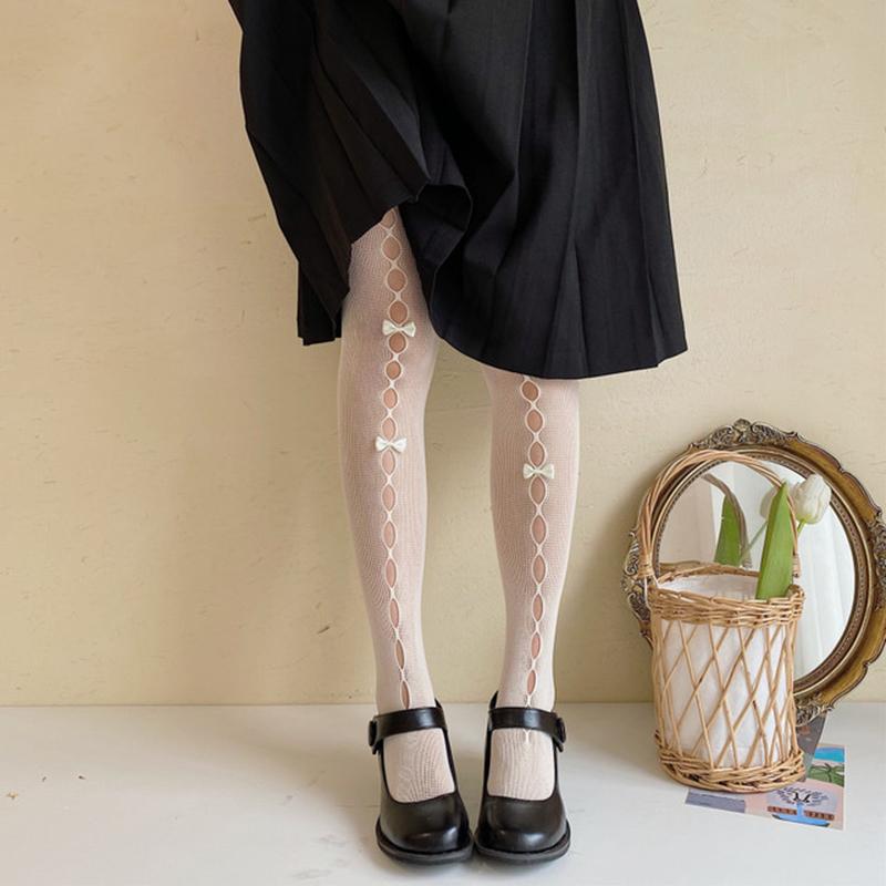 Lolita Hollow Lace Pantyhose Summer Kawaii Bowknot Girls Stockings Breathable Fishnet Nylon Women Pantyhose