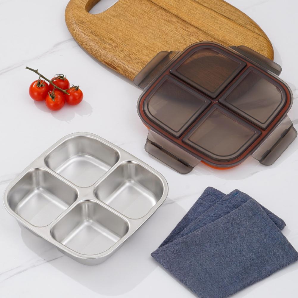 

1set Stainless Steel Box With Leak-Proof Covered Four Compartment Refrigerator Storage Box Snack Container Lunch Box For Outdoor