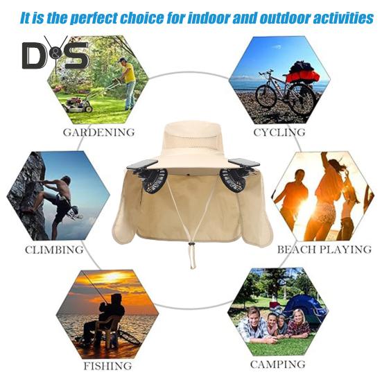 Solar-Ventilator-Hut mit Nackenklappe, LSF 50+, UV-Schutz, Hut mit 2 Solar-Ventilatoren, atmungsaktiv, für Herren, Sommer, Outdoor-Aktivitäten, Angeln, breite Krempe