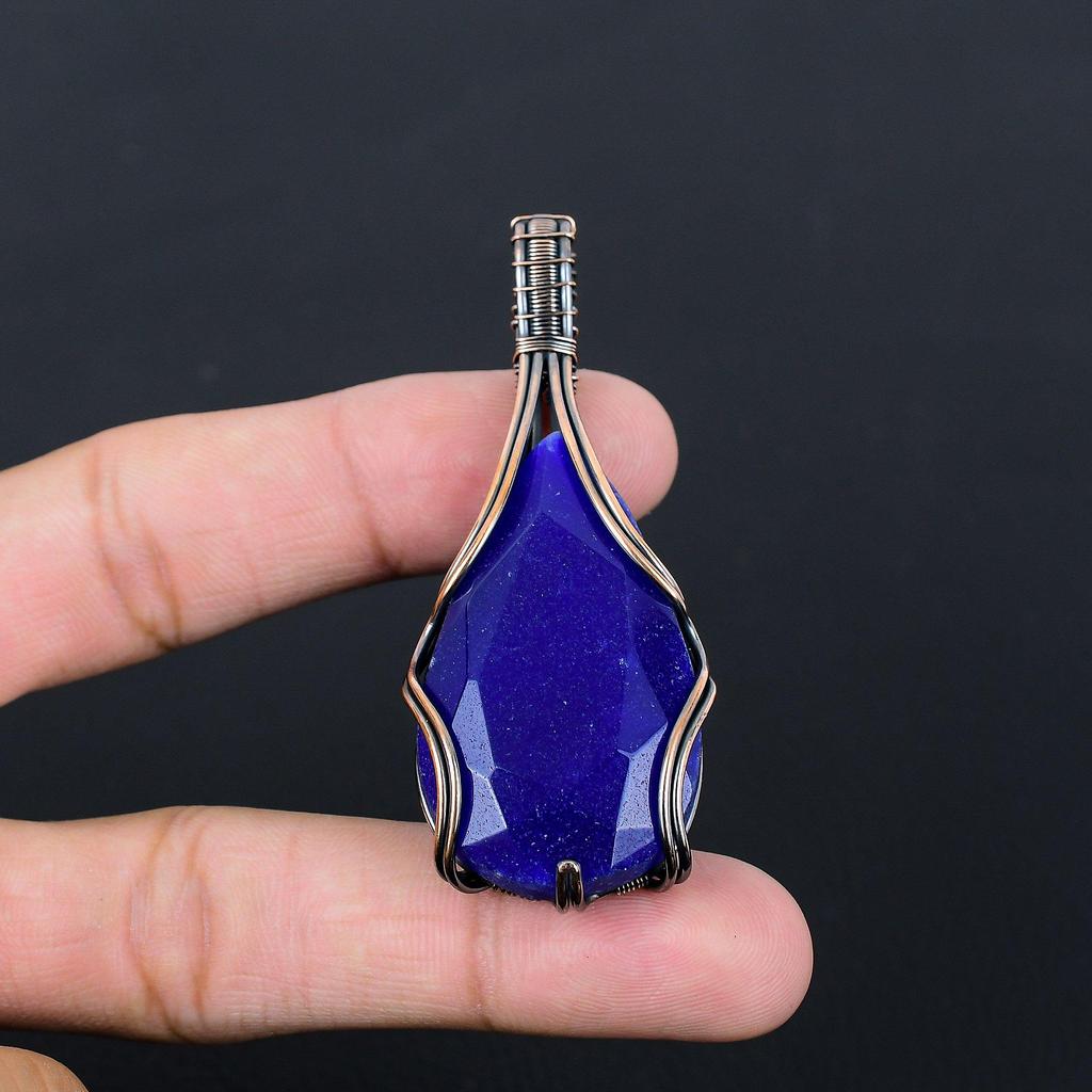 Lab-Created Blue Sapphire Gemstone Pure Copper Wire Wrapped Handmade Pendant Jewelry
