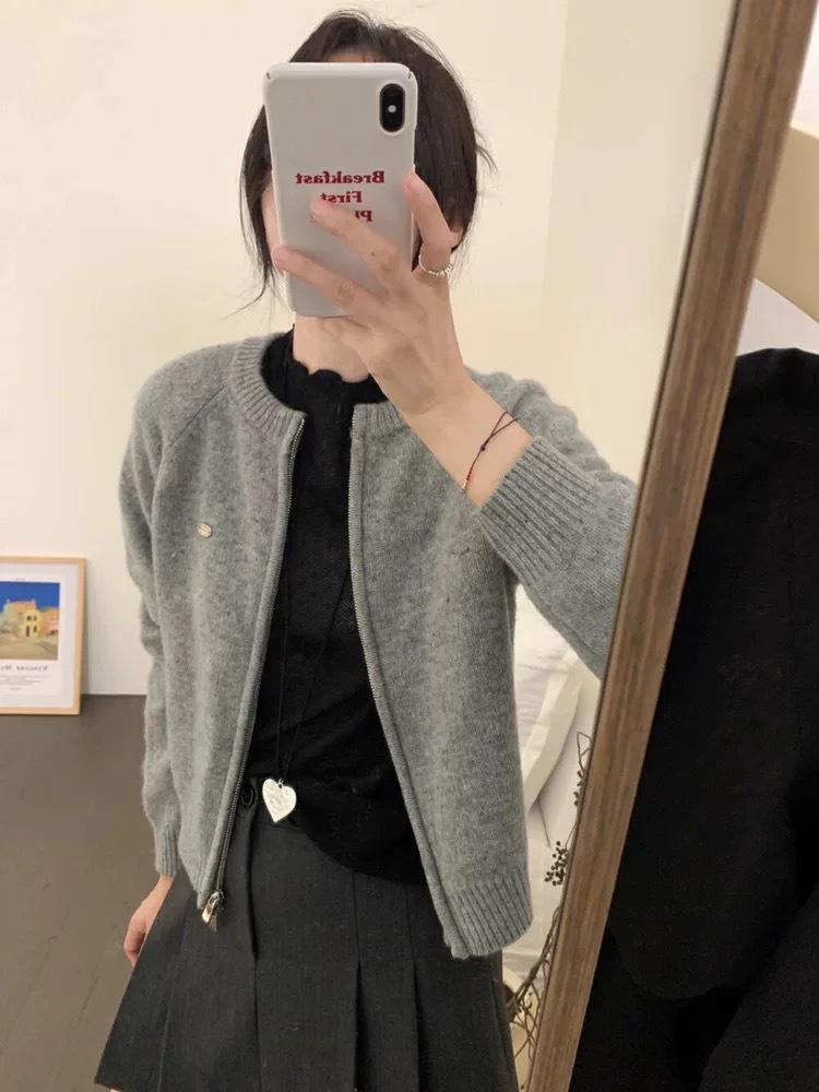 New Autumn European Style Women's 100% Pure Wool Zipper Cardigan - Retro Short Knit Sweater Coat