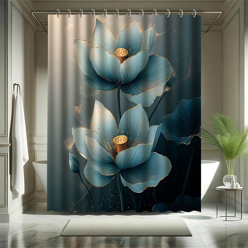 Artistic Lotus Shower Curtain Set - Ink Wash Style, Waterproof Polyester, Bathtub Partition, Modern Bathroom Decor