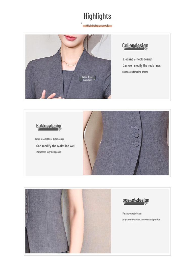 Women's Gray Summer Suit Set: Short-Sleeved Professional Attire for Hotel Front Desk or Jewelry Store