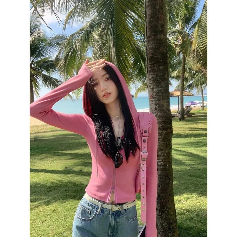 

Women s Casual Pink Hooded Zip Up Fitted Long Sleeve Cropped S
