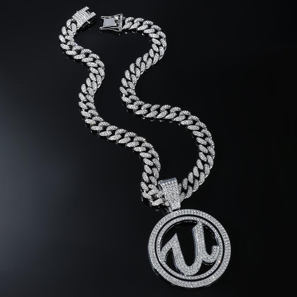 Letter U Round Brand Full of Diamonds Three-dimensional Pendant Cuban Chain, Personality Trend Necklace, Nightclub Hip-hop Collarbone Chain