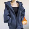 Women Autumn Winter Solid Color Cotton Hoodies Thin Velvet Oversize Zipper Pocket Fashion Coat Loose Drawstring Sweatshirts