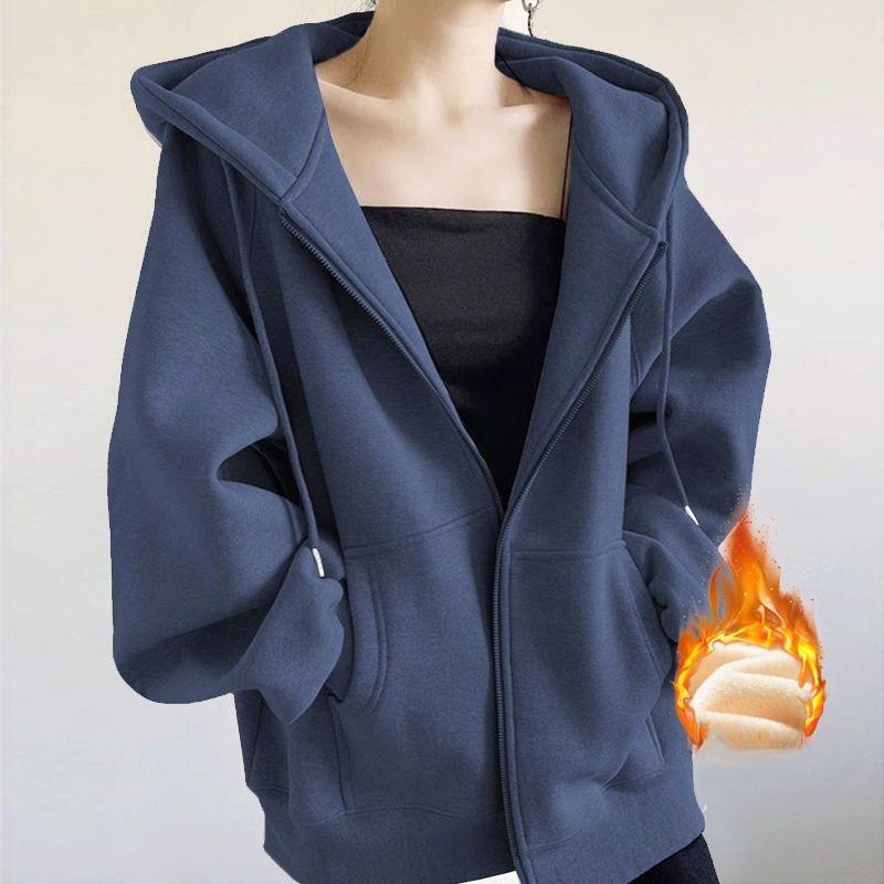 Women Autumn Winter Solid Color Cotton Hoodies Thin Velvet Oversize Zipper Pocket Fashion Coat Loose Drawstring Sweatshirts
