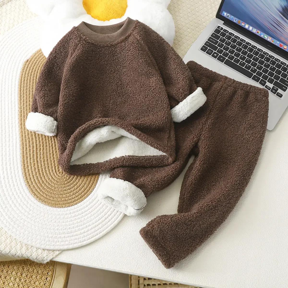 

Детский утепленный комплект из меха для дома, детская зимняя пижама из плюша и утолщенного овечьего бархата для мальчиков и девочек 130cm коричневый