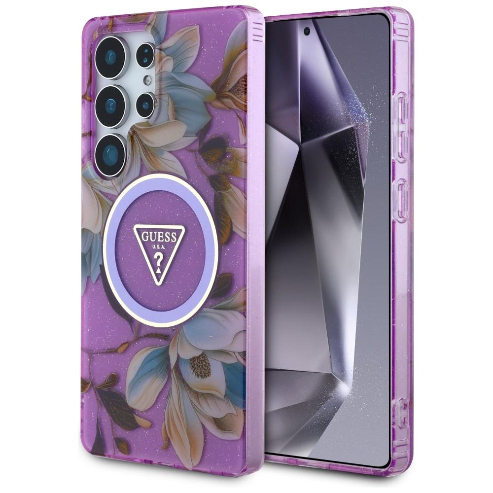 Guess Glitter Flowers Triangle Buttons Magsafe Case For Samsung Galaxy S25 Ultra Purple