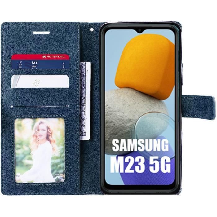 Coque + 2 Verres Trempé pour Samsung Galaxy M23 5G, Coque Effet Cuir Bleu Marine