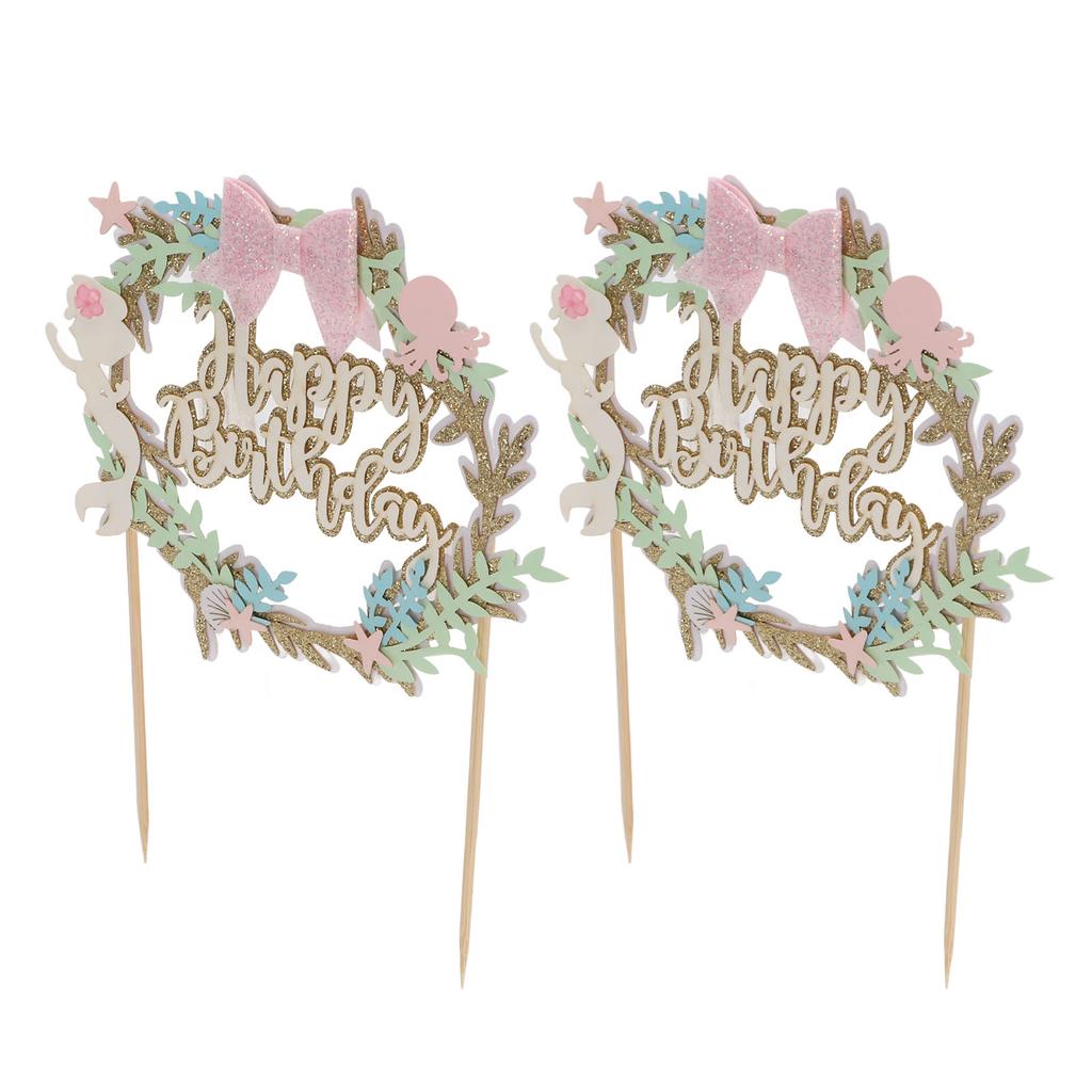 2Pcs Cake Toppers Pink Bow Sparkling Exquisite Safe Degradable Happy Birthday Cake Decoration