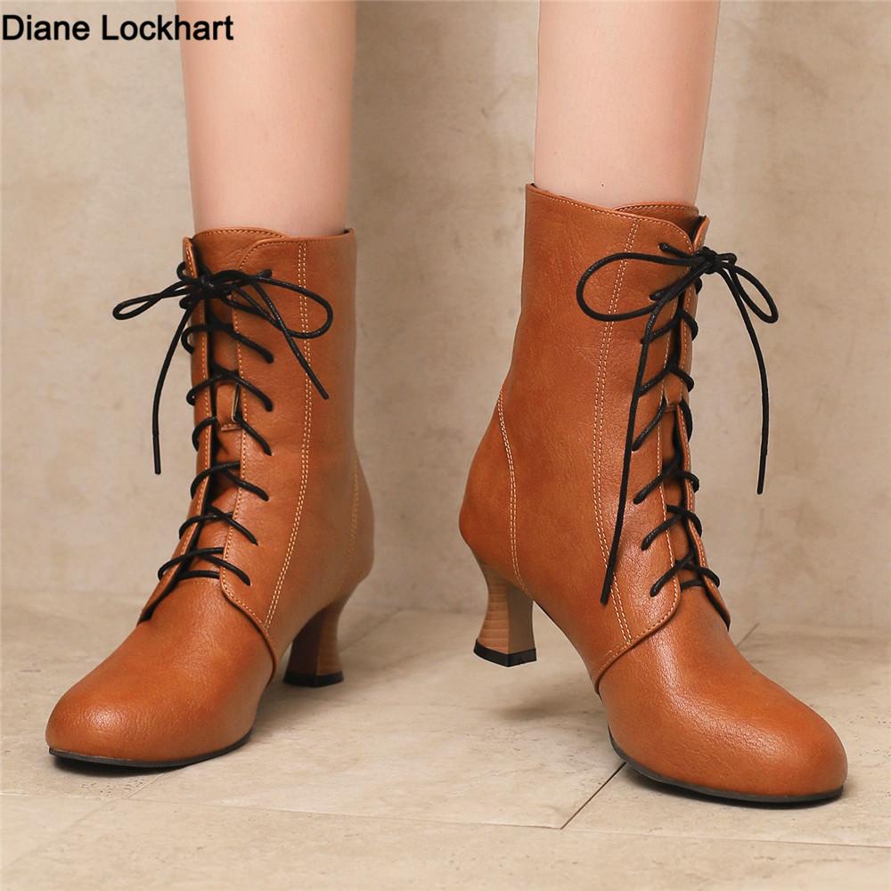 Fashion Autumn New Lace Up Ladies High Heel Shoes Strange Steampunk Boot Victorian Ankle Boots Women Pointed Toe Thick Soled Short Boots