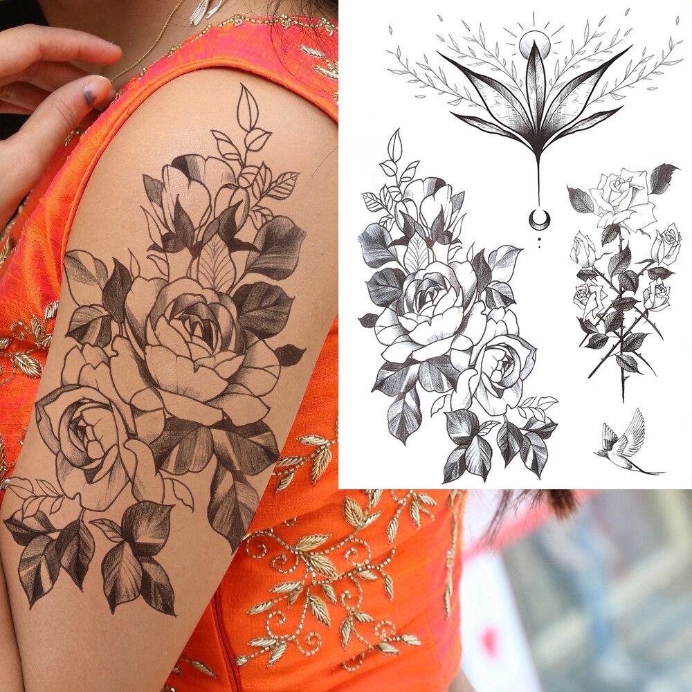 Black Flower Temporary Tattoo For Women Adultsl Fake Peony Rose Dahlia Lotus Tattoo Sticker 3D Body Art Bouquet Sexy Tatoo Paste