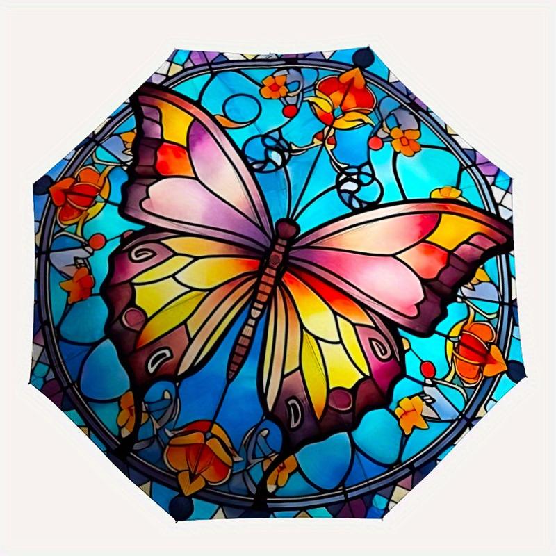 

1pc Butterfly StainedGlass Compact Travel Umbrella, Automatic Folding Lightweight Windproof 8-Bone Reinforced Design, Portable for Backpack
