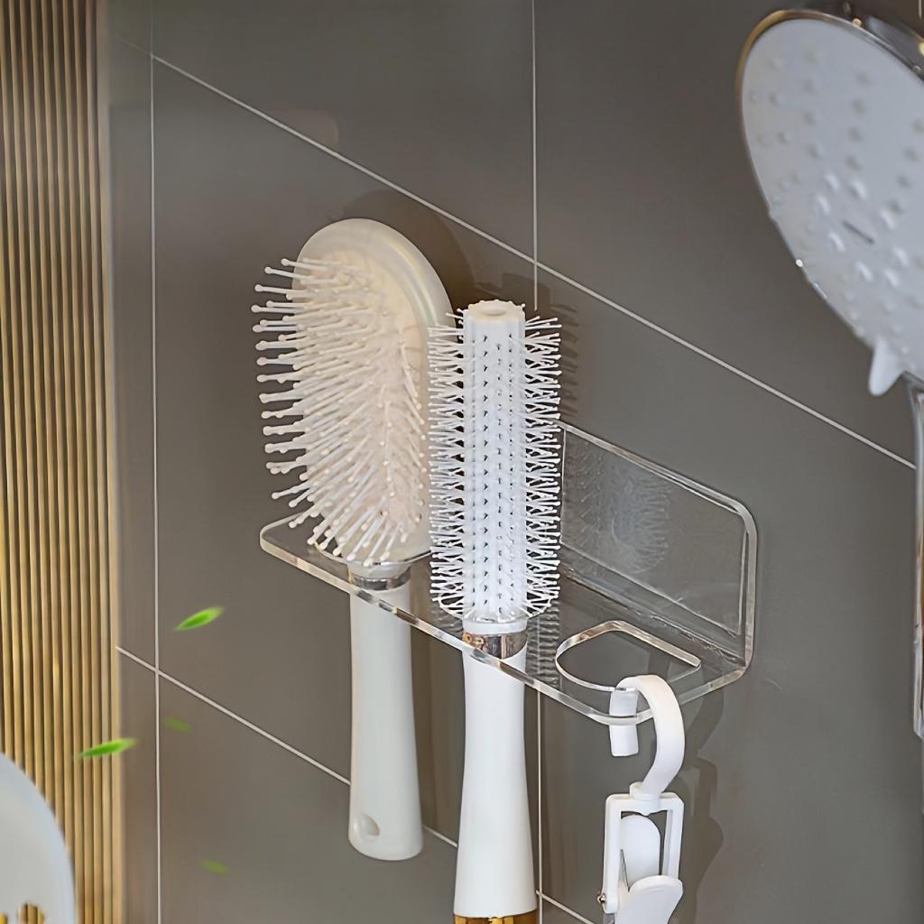 1pc Clear Acrylic Wall-Mounted Bathroom Organizer - No-Drill Storage Rack for Hair Brushes, Combs, Toiletries - Space-Saving