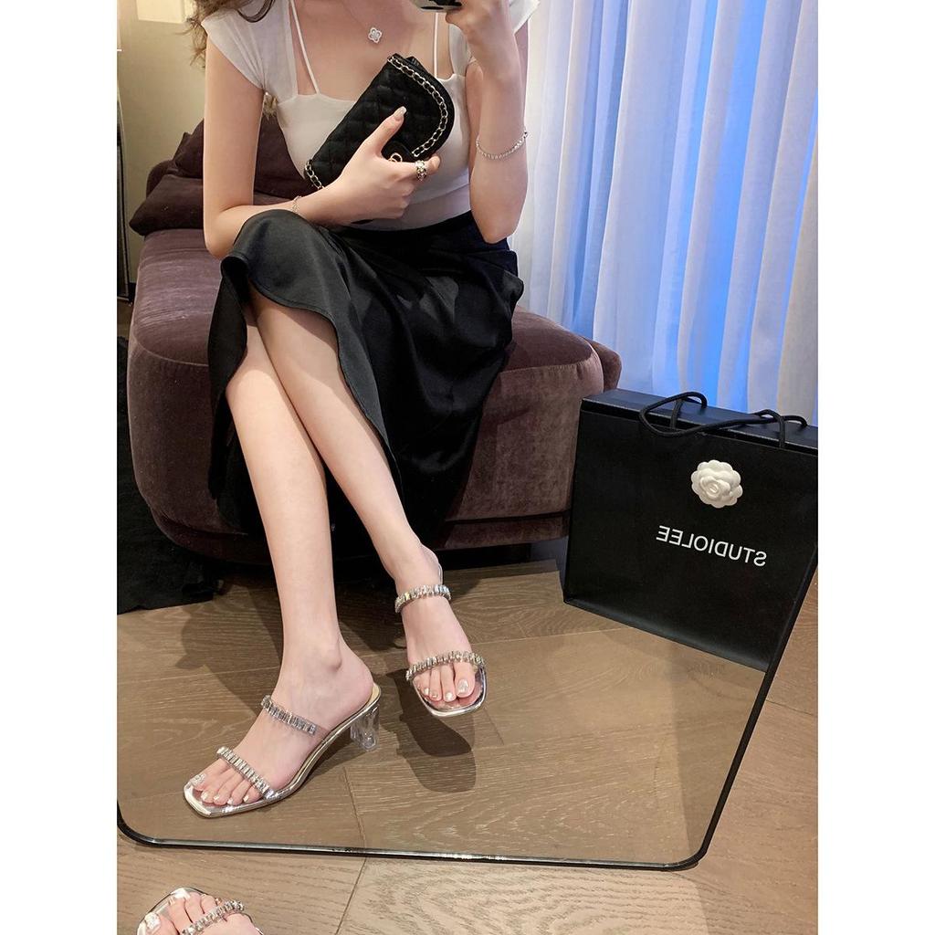 Summer 2025 Korean Fairy Square Toe Rhinestone Strap Transparent Chunky Heel Sandals for Women